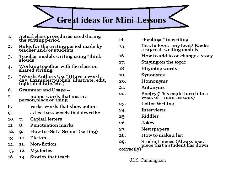 Great ideas for Mini-Lessons 1. Actual class procedures used during the writing period 2.