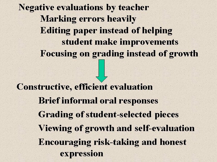 Negative evaluations by teacher Marking errors heavily Editing paper instead of helping student make