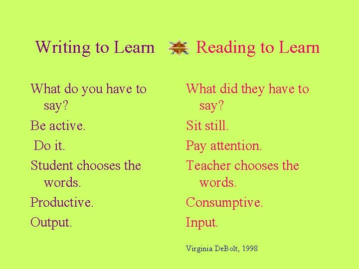 Writing to Learn What do you have to say? Be active. Do it. Student