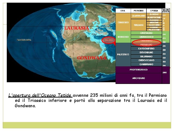 LAURASIA GONDWANA L'apertura dell'Oceano Tetide avvenne 235 milioni di anni fa, tra il Permiano