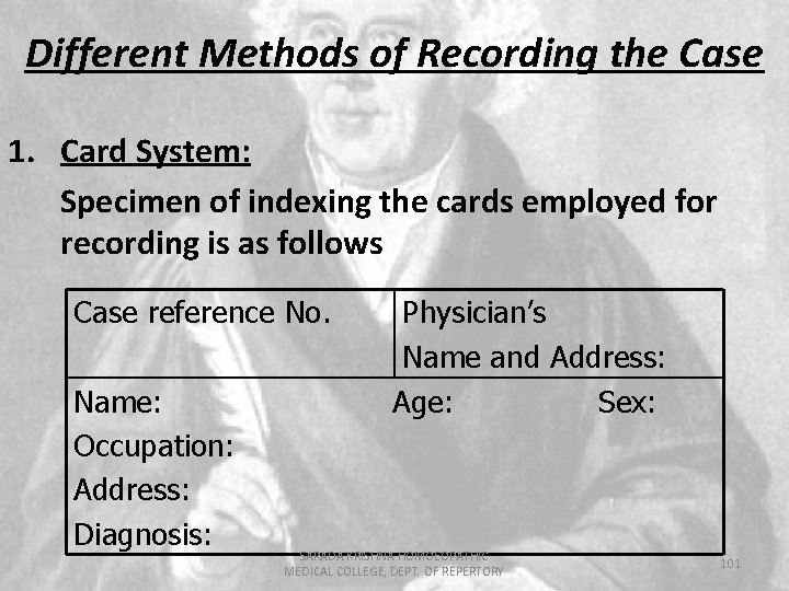 Different Methods of Recording the Case 1. Card System: Specimen of indexing the cards