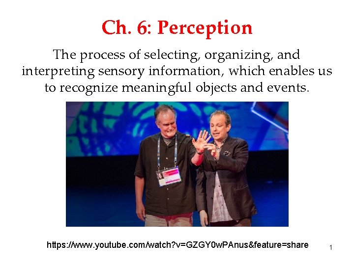 Ch. 6: Perception The process of selecting, organizing, and interpreting sensory information, which enables