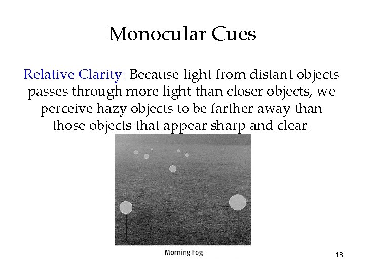 Monocular Cues Relative Clarity: Because light from distant objects passes through more light than