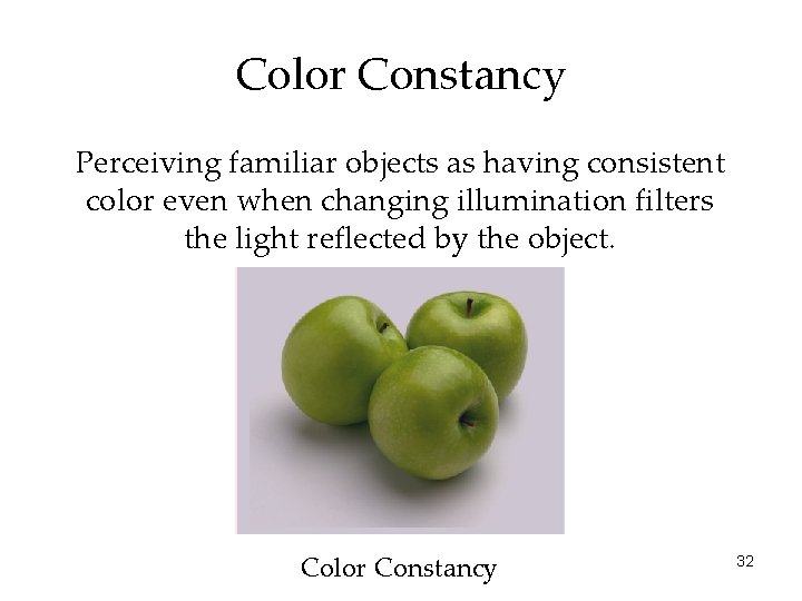 Color Constancy Perceiving familiar objects as having consistent color even when changing illumination filters