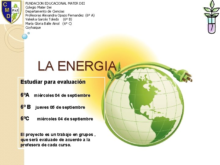 FUNDACION EDUCACIONAL MATER DEI Colegio Mater Dei Departamento de Ciencias Profesoras Alexandra Opazo Fernandez