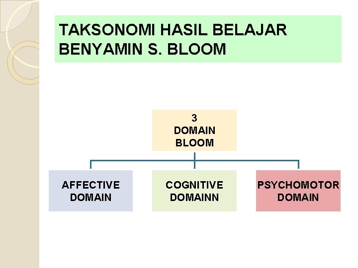 TAKSONOMI HASIL BELAJAR BENYAMIN S. BLOOM 3 DOMAIN BLOOM AFFECTIVE DOMAIN COGNITIVE DOMAINN PSYCHOMOTOR