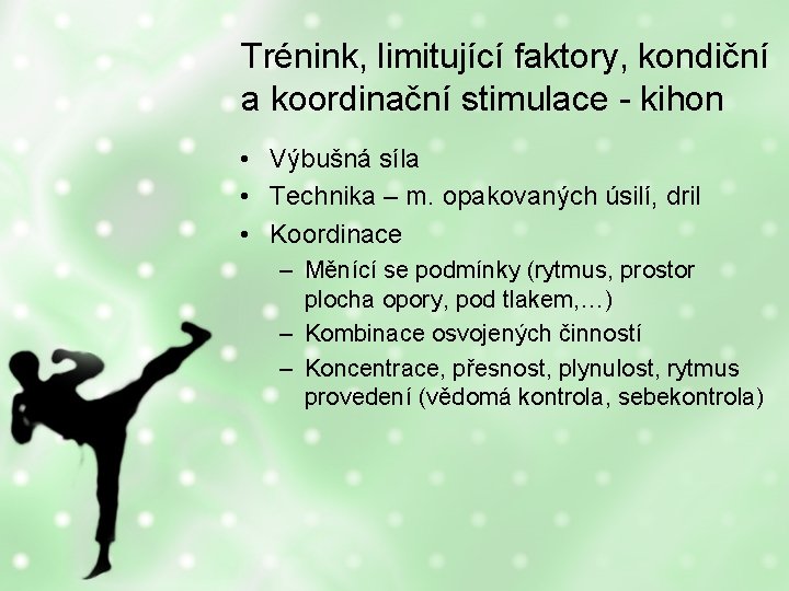 Trénink, limitující faktory, kondiční a koordinační stimulace - kihon • Výbušná síla • Technika