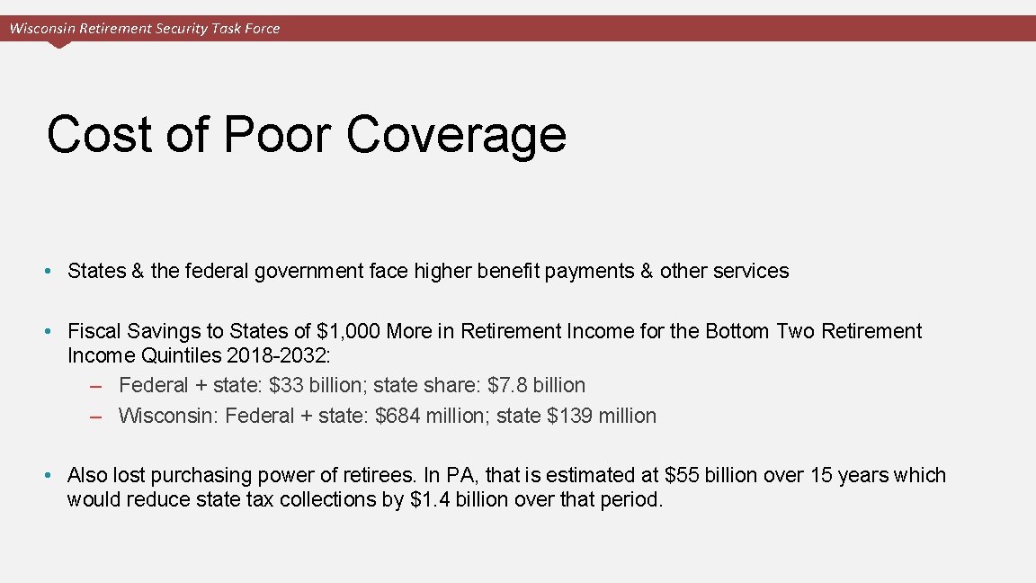 Wisconsin Retirement Security Task Force Cost of Poor Coverage • States & the federal