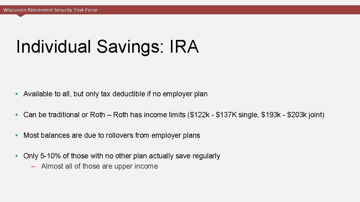 Wisconsin Retirement Security Task Force Individual Savings: IRA • Available to all, but only