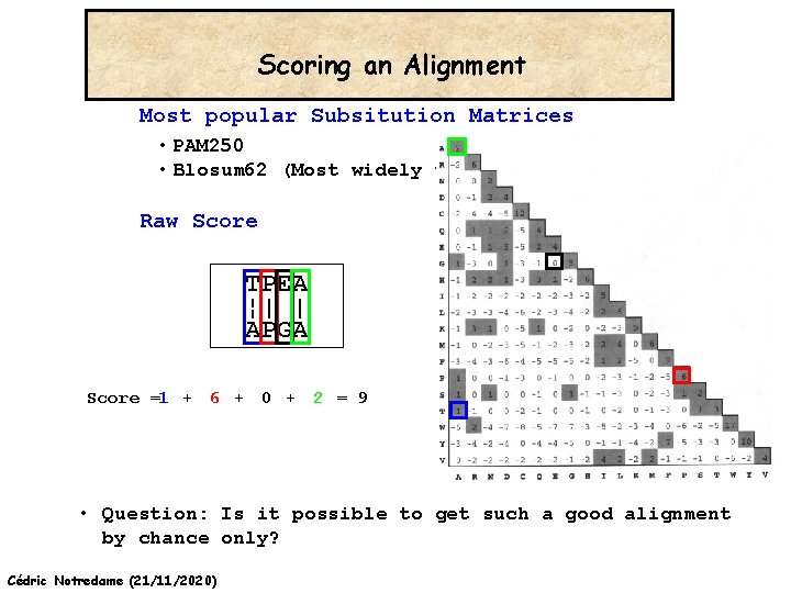 Scoring an Alignment Most popular Subsitution Matrices • PAM 250 • Blosum 62 (Most