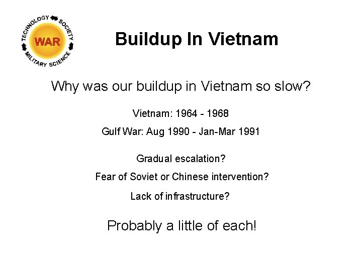 Buildup In Vietnam Why was our buildup in Vietnam so slow? Vietnam: 1964 -