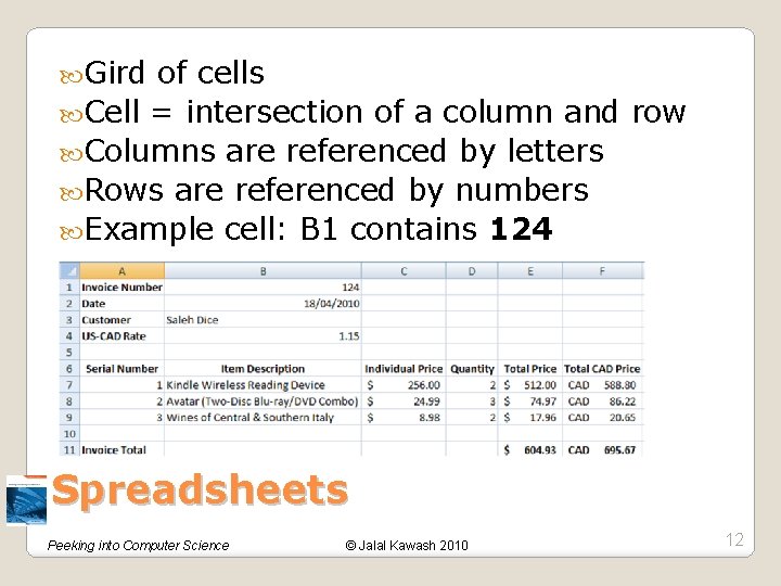  Gird of cells Cell = intersection of a column and row Columns are