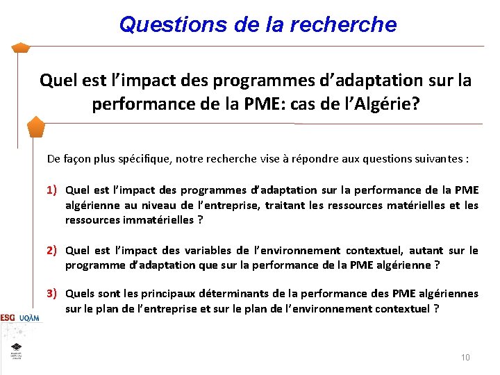 Questions de la recherche Quel est l’impact des programmes d’adaptation sur la performance de