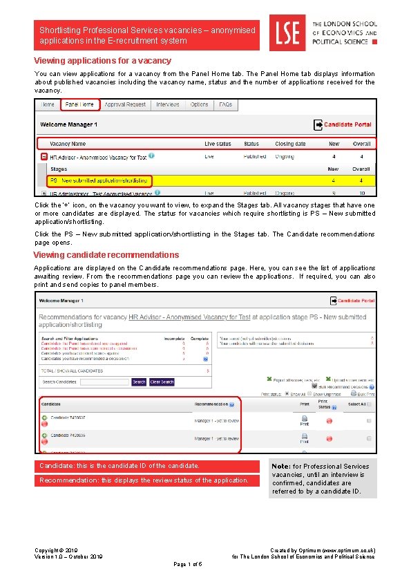 Shortlisting Professional Services vacancies – anonymised applications in the E-recruitment system Viewing applications for