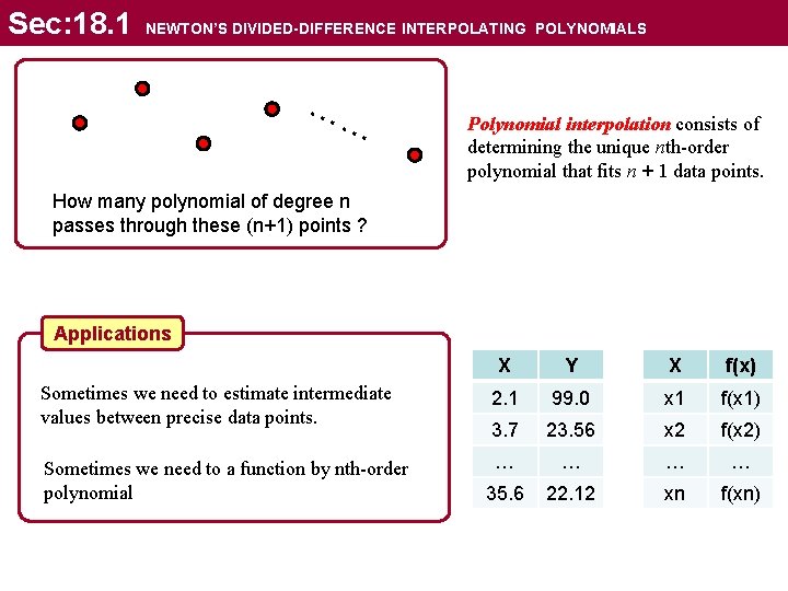 Sec: 18. 1 NEWTON’S DIVIDED-DIFFERENCE INTERPOLATING POLYNOMIALS …… Polynomial interpolation consists of determining the