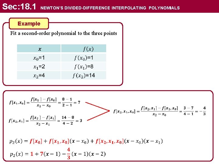 Sec: 18. 1 NEWTON’S DIVIDED-DIFFERENCE INTERPOLATING POLYNOMIALS Example Fit a second-order polynomial to the