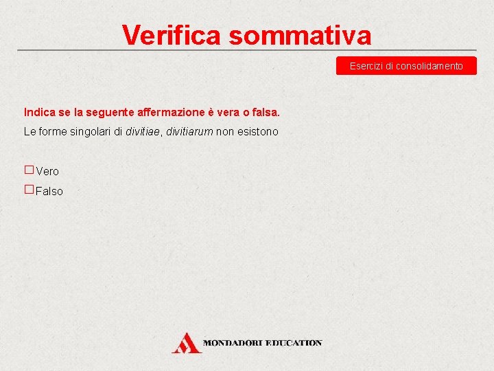 Verifica sommativa Esercizi di consolidamento Indica se la seguente affermazione è vera o falsa.