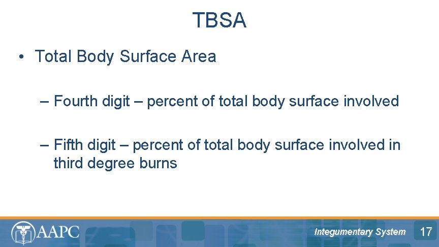 TBSA • Total Body Surface Area – Fourth digit – percent of total body