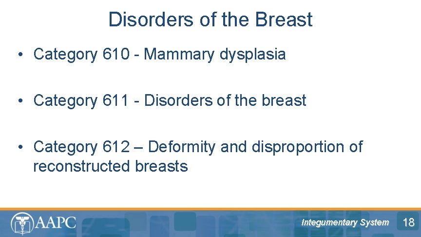 Disorders of the Breast • Category 610 - Mammary dysplasia • Category 611 -