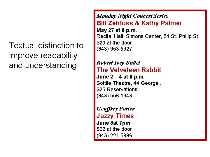 Monday Night Concert Series Bill Zehfuss & Kathy Palmer Textual distinction to improve readability