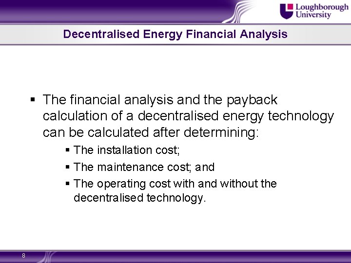 Decentralised Energy Financial Analysis § The financial analysis and the payback calculation of a
