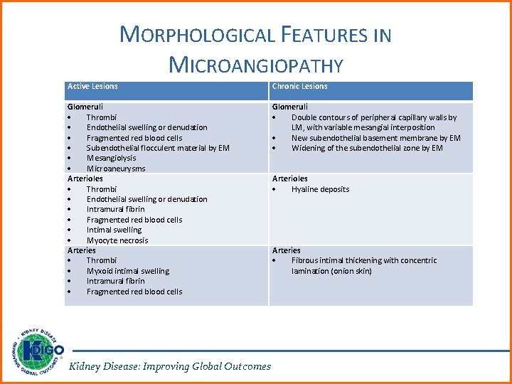 MORPHOLOGICAL FEATURES IN MICROANGIOPATHY Active Lesions Chronic Lesions Glomeruli Thrombi Endothelial swelling or denudation