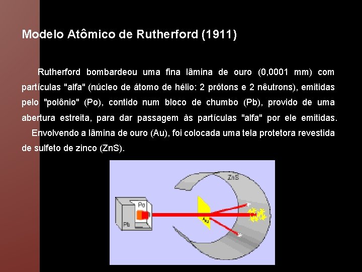 Modelo Atômico de Rutherford (1911) Rutherford bombardeou uma fina lâmina de ouro (0, 0001