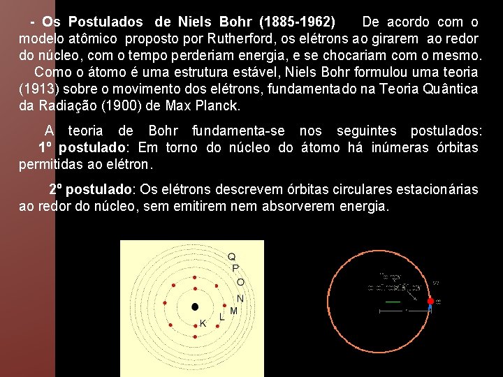  - Os Postulados de Niels Bohr (1885 -1962) De acordo com o modelo