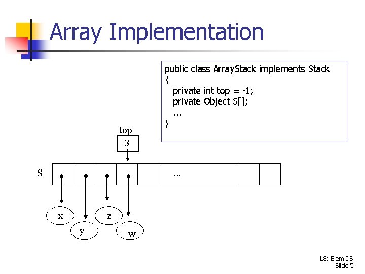 Array Implementation top 3 S public class Array. Stack implements Stack { private int