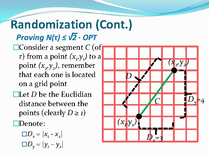 Randomization (Cont. ) Proving N(τ) ≤ √ 2 ∙ OPT �Consider a segment C