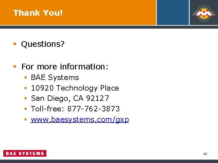 Thank You! § Questions? § For more information: § § § BAE Systems 10920