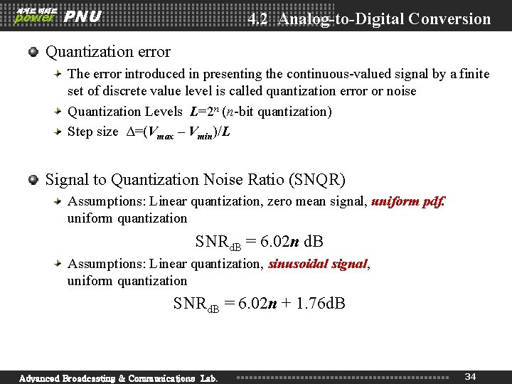 세계로 미래로 power PNU 4. 2 Analog-to-Digital Conversion Quantization error The error introduced in 세계로 미래로 power PNU 4. 2 Analog-to-Digital Conversion Quantization error The error introduced in