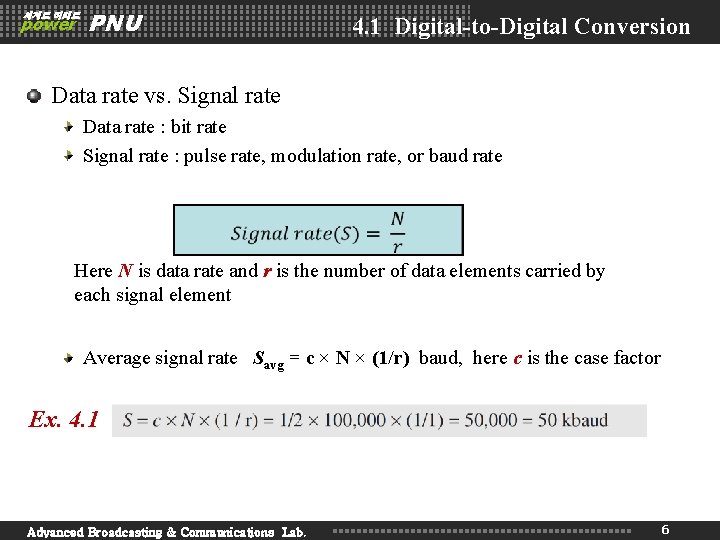 세계로 미래로 power PNU 4. 1 Digital-to-Digital Conversion Data rate vs. Signal rate Data 세계로 미래로 power PNU 4. 1 Digital-to-Digital Conversion Data rate vs. Signal rate Data