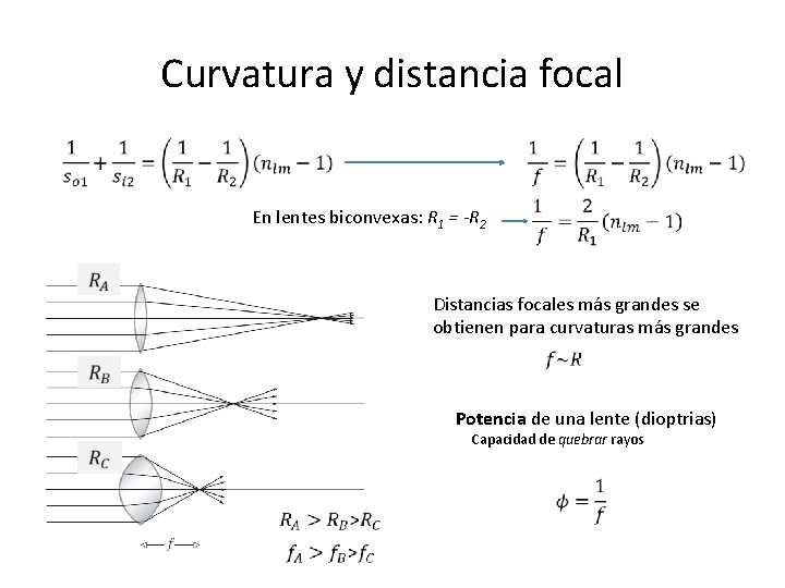 Curvatura y distancia focal En lentes biconvexas: R 1 = -R 2 Distancias focales Curvatura y distancia focal En lentes biconvexas: R 1 = -R 2 Distancias focales