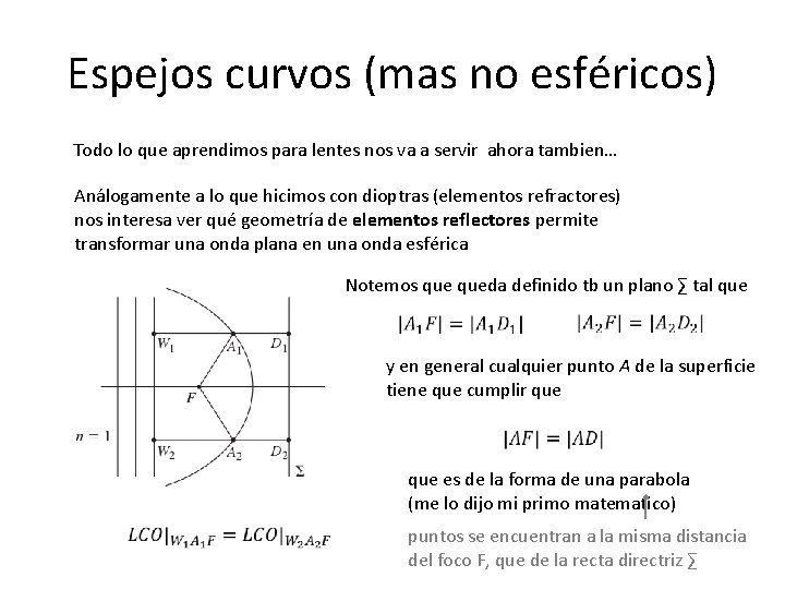 Espejos curvos (mas no esféricos) Todo lo que aprendimos para lentes nos va a Espejos curvos (mas no esféricos) Todo lo que aprendimos para lentes nos va a