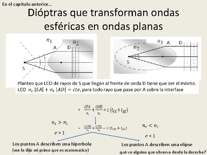 En el capitulo anterior… Dióptras que transforman ondas esféricas en ondas planas A A En el capitulo anterior… Dióptras que transforman ondas esféricas en ondas planas A A