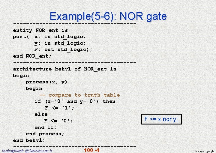 Example(5 -6): NOR gate -------------------entity NOR_ent is port( x: in std_logic; y: in std_logic;