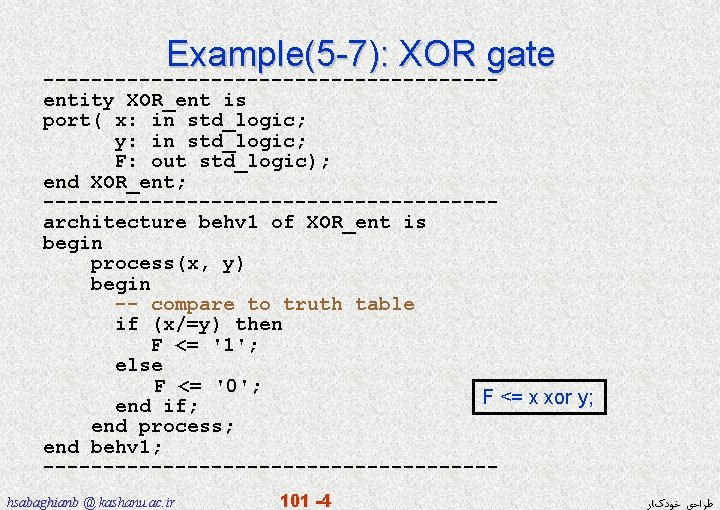 Example(5 -7): XOR gate -------------------entity XOR_ent is port( x: in std_logic; y: in std_logic;