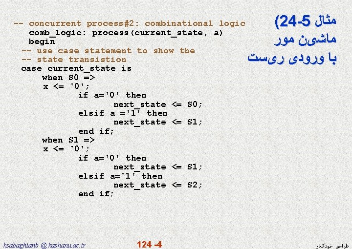  -- concurrent process#2: combinational logic comb_logic: process(current_state, a) begin -- use case statement