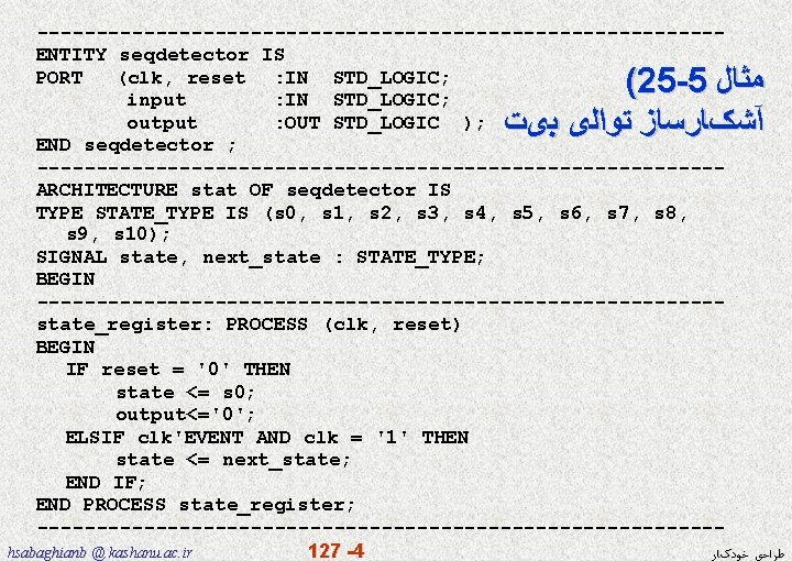 -----------------------------ENTITY seqdetector IS PORT (clk, reset : IN STD_LOGIC; input : IN STD_LOGIC; output