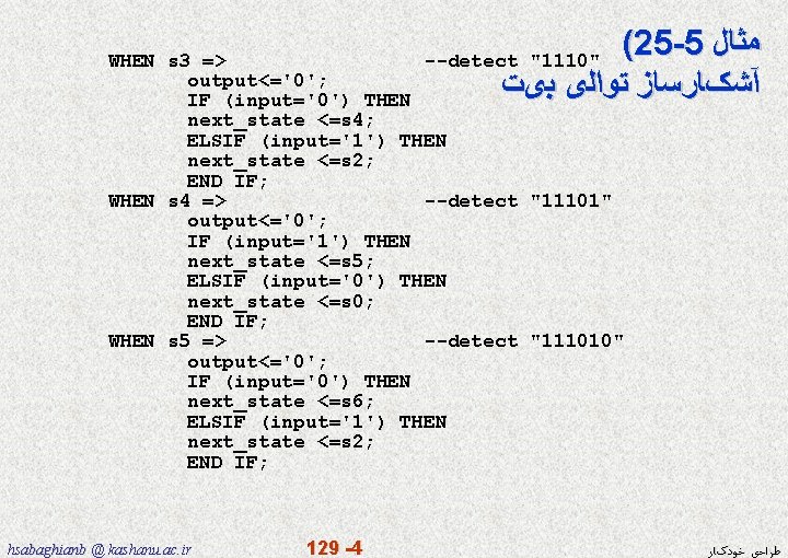 (25 -5 ﻣﺜﺎﻝ ﺑیﺖ ﺗﻮﺍﻟی آﺸکﺎﺭﺳﺎﺯ WHEN s 3 => --detect "1110" output<='0'; IF