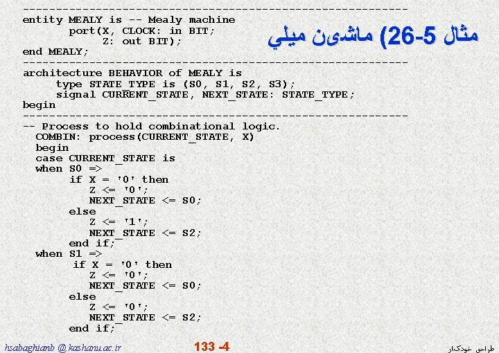 -----------------------------entity MEALY is -- Mealy machine port(X, CLOCK: in BIT; Z: out BIT); end