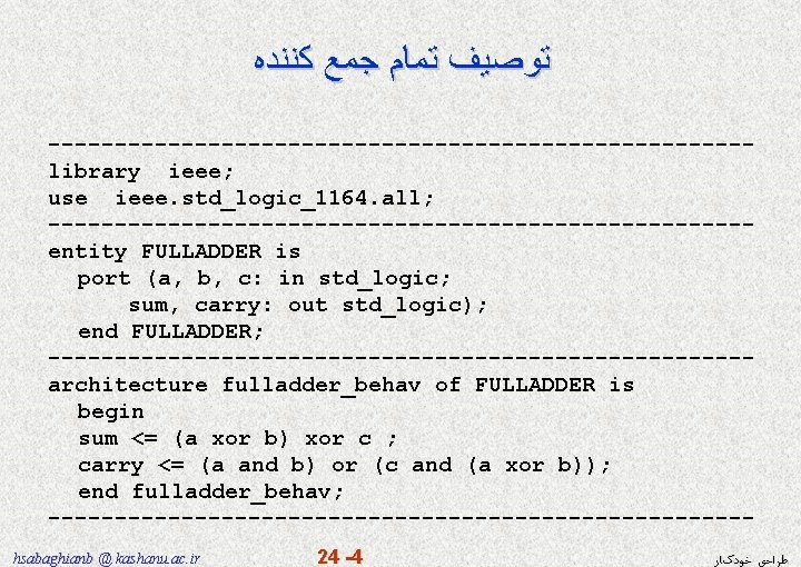  ﺗﻮﺻﻴﻒ ﺗﻤﺎﻡ ﺟﻤﻊ ﻛﻨﻨﺪﻩ --------------------------library ieee; use ieee. std_logic_1164. all; --------------------------entity FULLADDER is