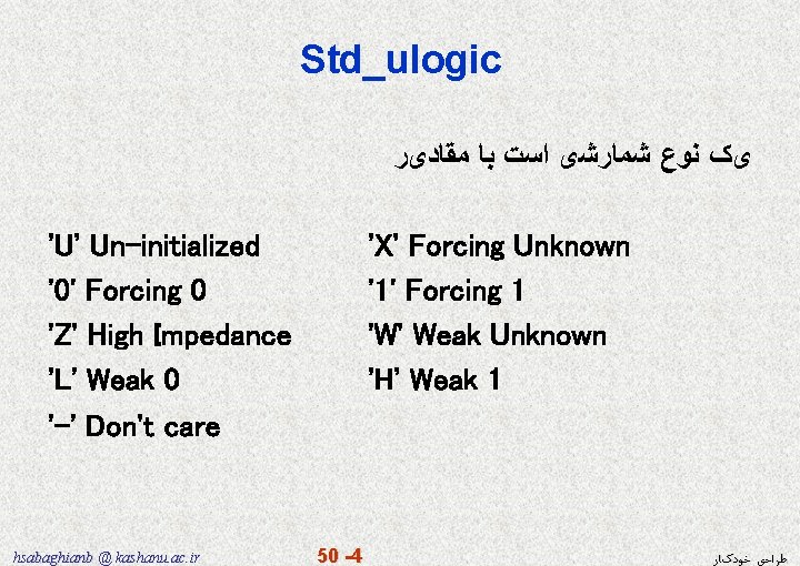 Std_ulogic یک ﻧﻮﻉ ﺷﻤﺎﺭﺷی ﺍﺳﺖ ﺑﺎ ﻣﻘﺎﺩیﺮ 'U' Un-initialized '0' Forcing 0 'Z' High