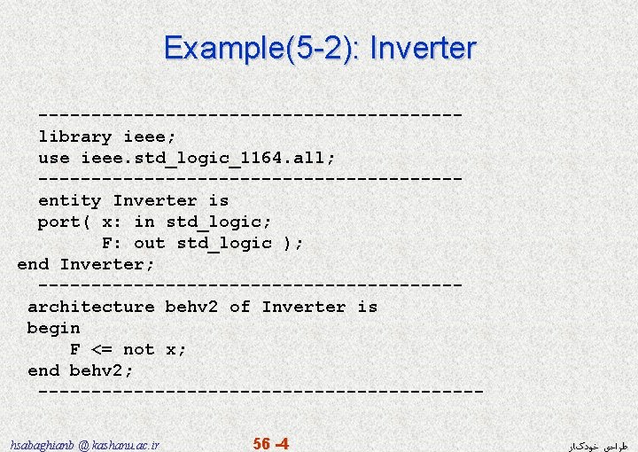 Example(5 -2): Inverter --------------------library ieee; use ieee. std_logic_1164. all; --------------------entity Inverter is port( x: