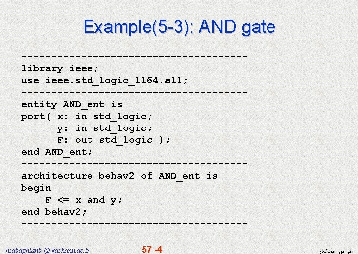 Example(5 -3): AND gate -------------------library ieee; use ieee. std_logic_1164. all; -------------------entity AND_ent is port(