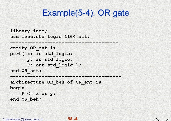 Example(5 -4): OR gate -------------------library ieee; use ieee. std_logic_1164. all; -------------------entity OR_ent is port(