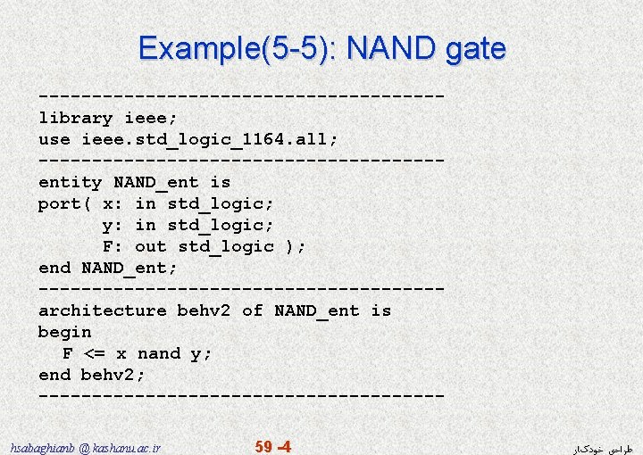 Example(5 -5): NAND gate -------------------library ieee; use ieee. std_logic_1164. all; -------------------entity NAND_ent is port(
