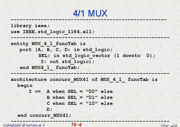 4/1 MUX --------------------------library ieee; use IEEE. std_logic_1164. all; --------------------------entity MUX_4_1_func. Tab is port (A,