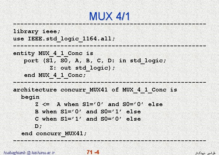 MUX 4/1 --------------------------library ieee; use IEEE. std_logic_1164. all; --------------------------entity MUX_4_1_Conc is port (S 1,